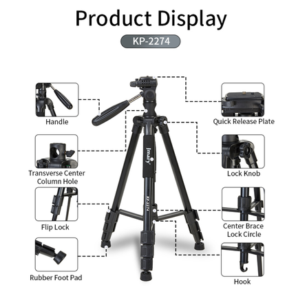 Jmary KP-2274 Professional Tripod - 1.67m Height, Durable Aluminum Build, 360° Rotation for DSLR Cameras & Smartphones