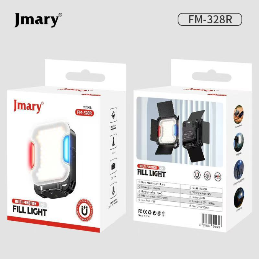 إضاءة فيديو LED جيماري (Jmary) موديل FM-328R - إضاءة محمولة قابلة لتعديل السطوع ودرجة اللون، مثالية للتصوير الفوتوغرافي والبث المباشر