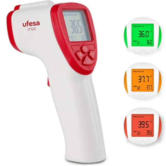 ميزان حرارة رقمي يوفيسا (Ufesa) موديل IT122 - يعمل بالأشعة تحت الحمراء بدون تلامس، قياس سريع خلال ثانية واحدة، وشاشة LCD ملونة للتنبيه