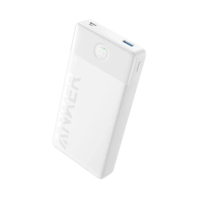 شاحن أنكر (Anker) متنقل بسعة 20,000 مللي أمبير وقدرة 15 واط - مزود بمنفذين USB وشاشة رقمية لعرض مستوى البطارية في الوقت الفعلي - لون أبيض