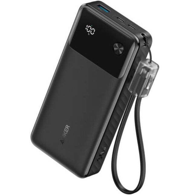 باور بانك أنكر (Anker) بسعة 20,000 مللي أمبير وقدرة 30 واط - شحن سريع بتقنية PD، شاشة رقمية، تصميم صديق للبيئة، و3 منافذ شحن - لون أسود
