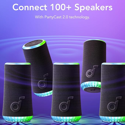 سماعة أنكر ساوند كور (Anker Soundcore) موديل Glow - صوت بقوة 30 واط، إضاءة ملونة 360 درجة، تقنية BassUp، ومقاومة للماء بمعيار IP67
