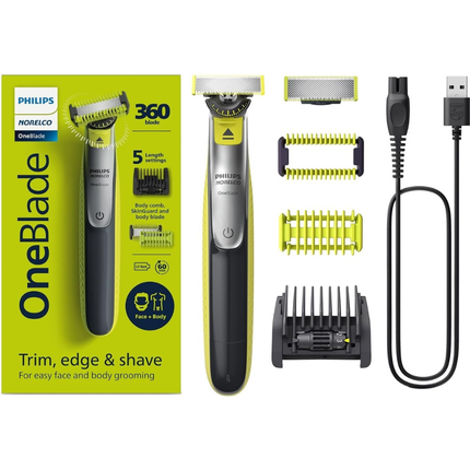 Philips OneBlade 360 Face & Body (QP2834/65) - Hybrid Electric Trimmer & Shaver, Flexible 360 Blade, Waterproof & Rechargeable - Black/Lime