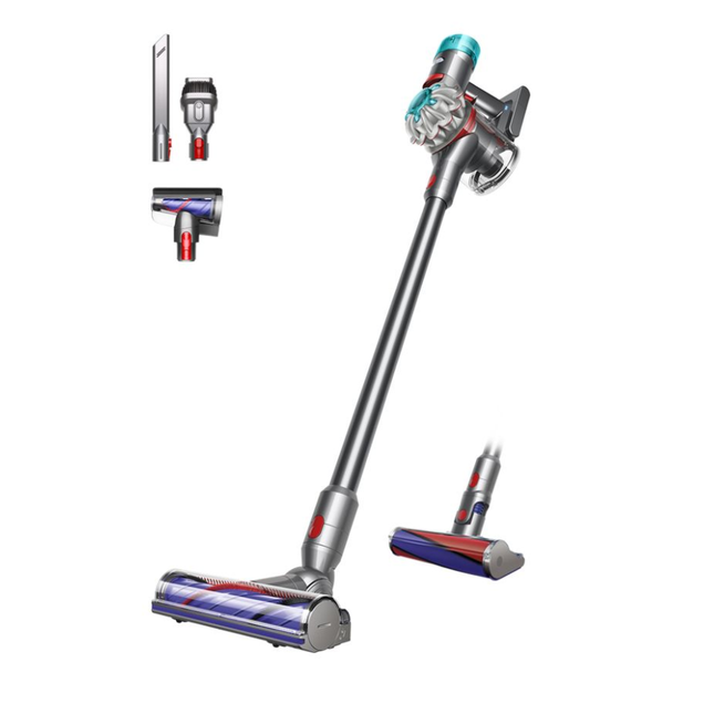 مكنسة دايسون (Dyson) اللاسلكية V8 Absolute HEPA - قوة شفط جبارة، نظام فلترة شامل للقضاء على مسببات الحساسية، ورأس تنظيف "Fluffy" للأرضيات الصلبة - لون فضي