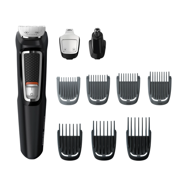 ماكينة الحلاقة والتشذيب الشاملة من فيليبس (Philips) الفئة 3000 - 9 ملحقات للوجه والشعر، شفرات فولاذية ذاتية الشحذ، وبطارية تدوم حتى 60 دقيقة