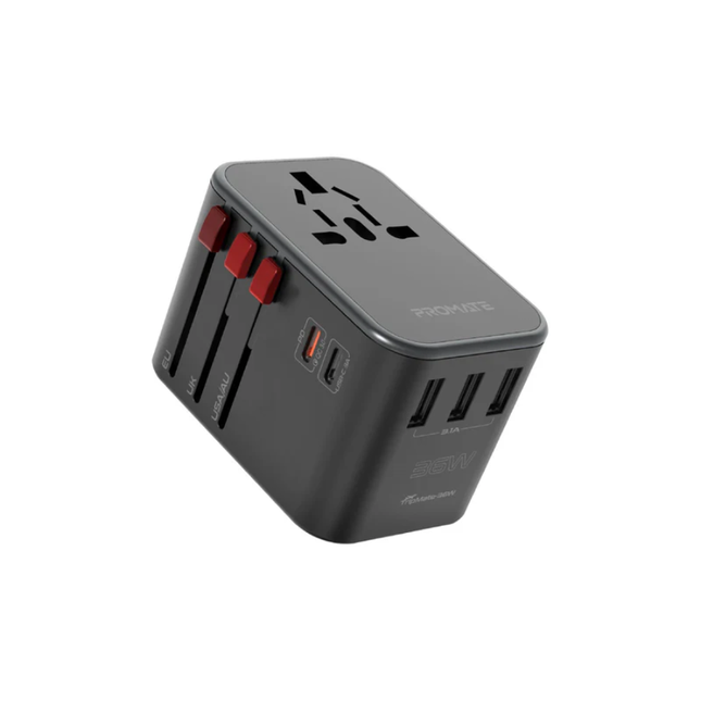 محول السفر العالمي بروميت (Promate) بقدرة 36 واط - منفذ USB-C بقوة 30 واط (Power Delivery)، 3 منافذ USB إضافية، وقوابس متعددة لأكثر من 200 دولة