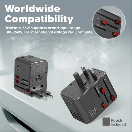 Promate TripMate-36W Universal Travel Adapter - 30W USB-C Power Delivery, 3 USB Ports, Multi-Regional Plugs for Over 200 Countries