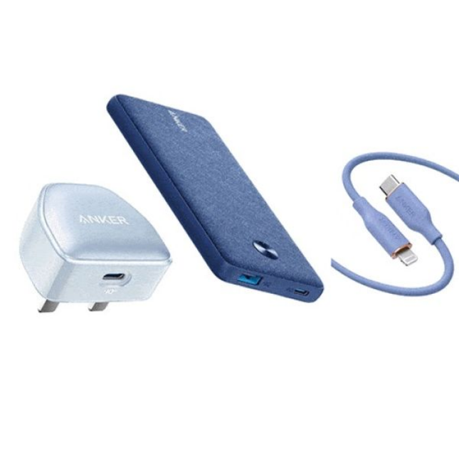مجموعة أنكر (Anker) المتكاملة لشحن أيفون (3 في 1) - تشمل شاحن جداري بقوة 20 واط، باور بانك بسعة 5000 مللي أمبير، وكابل USB-C إلى Lightning