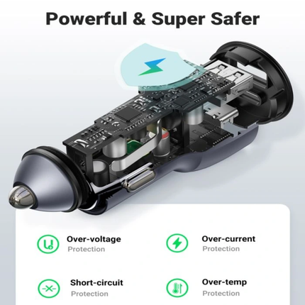 شاحن سيارة يوجرين (Ugreen) سريع بقوة 52.5 واط - منفذين USB-C و USB-A، دعم تقنيات PD و QC، وهيكل متين من الألمنيوم