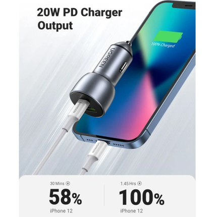 شاحن سيارة يوجرين (Ugreen) سريع بقوة 52.5 واط - منفذين USB-C و USB-A، دعم تقنيات PD و QC، وهيكل متين من الألمنيوم