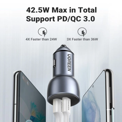 شاحن سيارة يوجرين (Ugreen) سريع بقوة 52.5 واط - منفذين USB-C و USB-A، دعم تقنيات PD و QC، وهيكل متين من الألمنيوم
