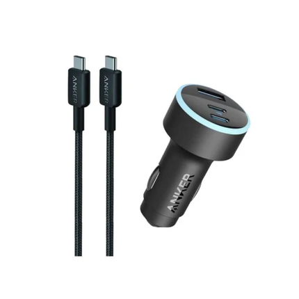 شاحن سيارة أنكر (Anker 335) سريع بقوة 67 واط - 3 منافذ شحن (منفذين USB-C ومنفذ USB-A)، ويشمل كابل شحن عالي السرعة بطول 3 أقدام (أسود)