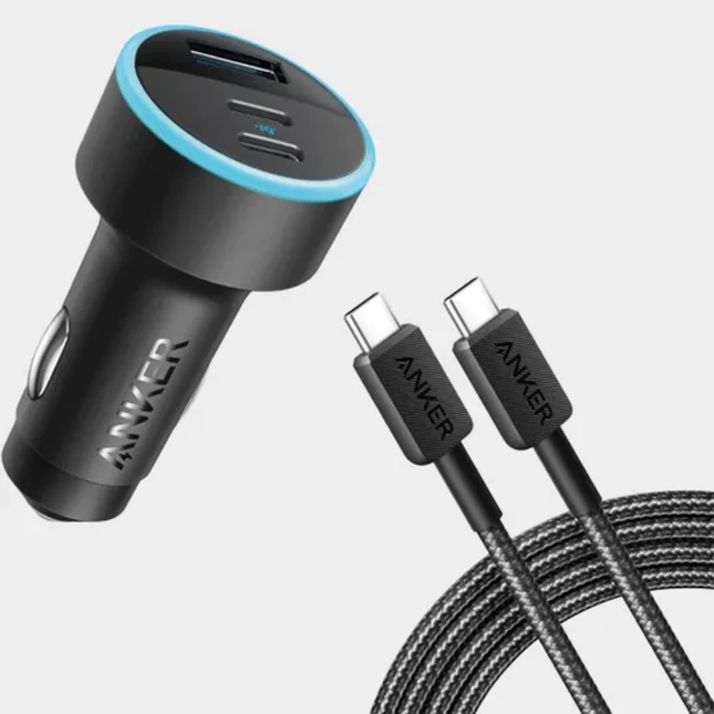 شاحن سيارة أنكر (Anker 335) سريع بقوة 67 واط - 3 منافذ شحن (منفذين USB-C ومنفذ USB-A)، ويشمل كابل شحن عالي السرعة بطول 3 أقدام (أسود)