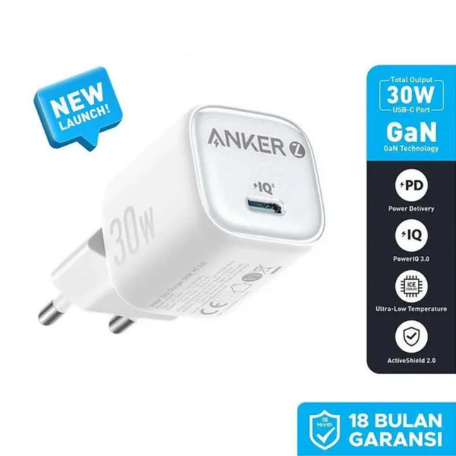 شاحن أنكر زولو (Anker Zolo) سريع بقوة 30 واط ومنفذ USB-C - يدعم تقنية الشحن الذكي السريع، متوافق مع iPhone وAndroid (أسود)