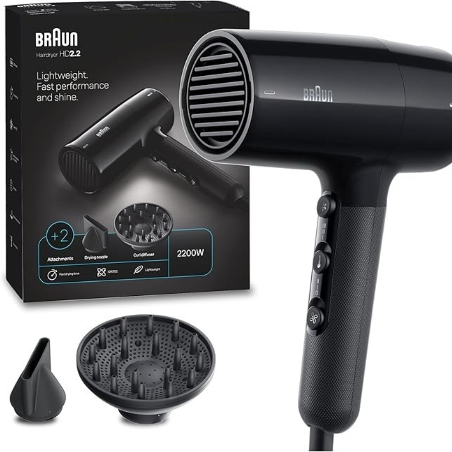مجفف شعر براون ساتين هير الأيوني فائق القوة (Braun HD2.2 / BRHD225E) قوة 2200 واط مع تقنية الأيونات IONTEC، ناشر الكيرلي وفوهة التجفيف - لون أسود