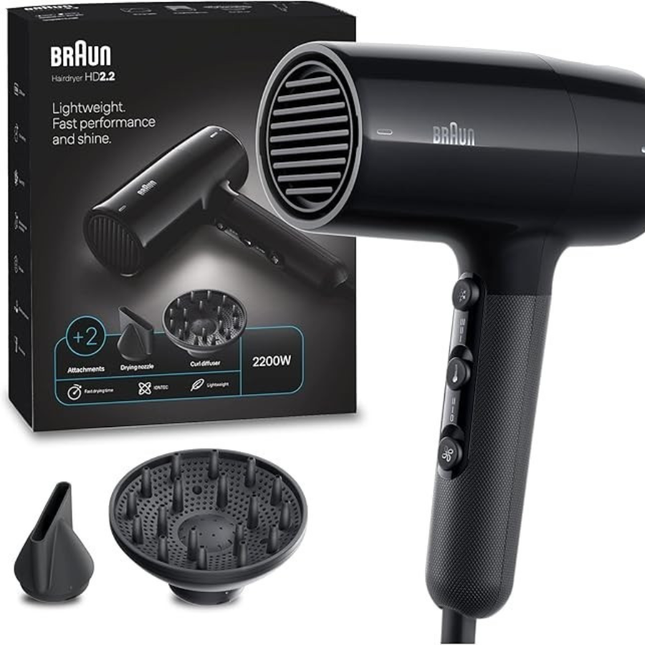 مجفف شعر براون ساتين هير الأيوني فائق القوة (Braun HD2.2 / BRHD225E) قوة 2200 واط مع تقنية الأيونات IONTEC، ناشر الكيرلي وفوهة التجفيف - لون أسود