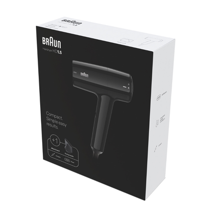 Braun Satin Hair 1 Compact Hair Dryer BRHD150SDE - Premium 1800W Lightweight Travel Blow Dryer with Concentrator Nozzle - Black Gloss