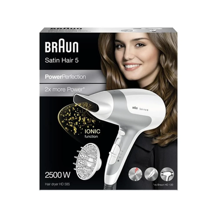 Braun Satin Hair 5 PowerPerfection Ionic Hair Dryer HD585 - Premium 2500W High-Performance Blow Dryer with Ionic Technology, Curl Diffuser & Styling Nozzle - White