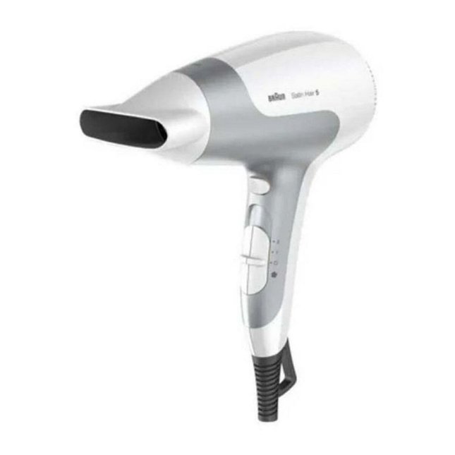 مجفف شعر براون ساتين هير 5 الأيوني فائق القوة (Braun HD585) بقوة 2500 واط مع تقنية الأيونات، ناشر الكيرلي وفوهة تجفيف - لون أبيض