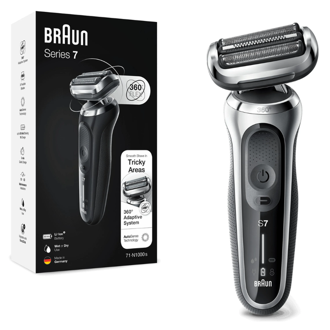Braun Series 7 Electric Shaver 71-S1000s - Premium Wet & Dry Foil Shaver with 360° Flex Head & AutoSense Technology - Silver