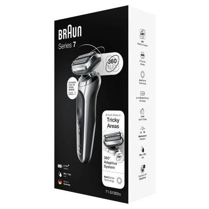 Braun Series 7 Electric Shaver 71-S1000s - Premium Wet & Dry Foil Shaver with 360° Flex Head & AutoSense Technology - Silver