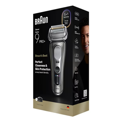 ماكينة حلاقة براون الفئة التاسعة برو بلس (Braun Series 9 Pro+ 9615s) للاستخدام الجاف والرطب مع أداة ProTrimmer وقاعدة شحن - لون فضي فاخر