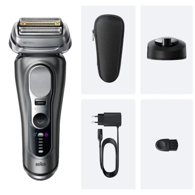 ماكينة حلاقة براون الفئة التاسعة برو بلس (Braun Series 9 Pro+ 9615s) للاستخدام الجاف والرطب مع أداة ProTrimmer وقاعدة شحن - لون فضي فاخر