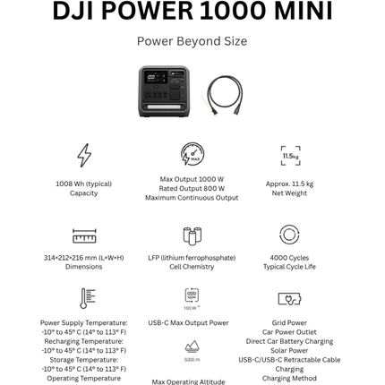 DJI Power 1000 Mini Portable Power Station - Compact 1008Wh / 800W Solar Generator with Built-In Retractable 100W USB-C Cable, Long-Lasting LFP Battery & Smart App Control - Black
