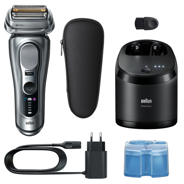 ماكينة حلاقة براون الفئة التاسعة برو بلس (Braun Series 9 Pro+ 9667cc) للاستخدام الجاف والرطب مع مركز التنظيف الذكي 6 في 1 وأداة ProTrimmer - لون فضي كروم