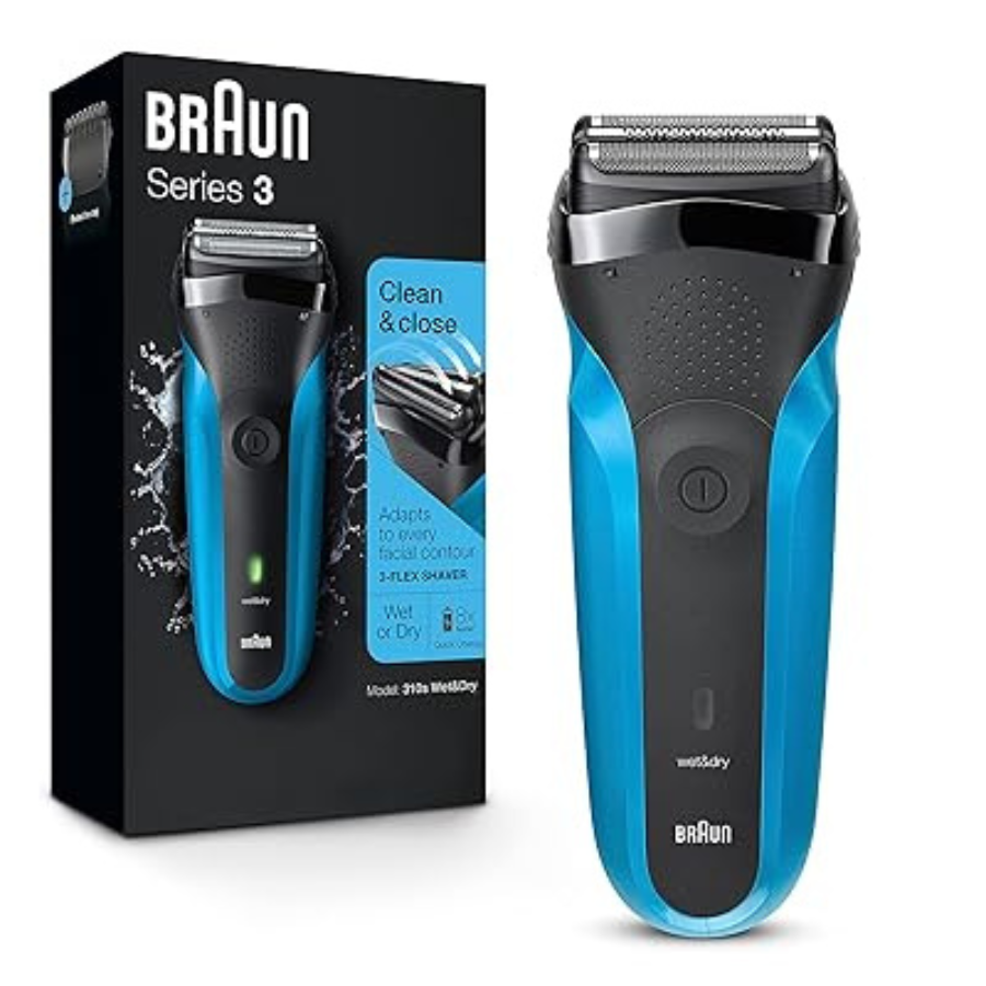 ماكينة حلاقة براون الفئة الثالثة (Braun Series 3 310s) المقاومة للماء للاستخدام الجاف والرطب مع شفرات حساسة للضغط - لون أسود وأزرق