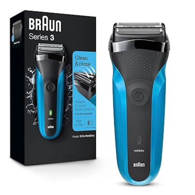 ماكينة حلاقة براون الفئة الثالثة (Braun Series 3 310s) المقاومة للماء للاستخدام الجاف والرطب مع شفرات حساسة للضغط - لون أسود وأزرق