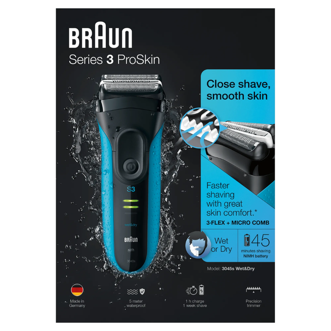 ماكينة حلاقة براون الفئة الثالثة برو سكين (Braun Series 3 ProSkin 3045s) للاستخدام الجاف والرطب مع أداة تشذيب دقيقة للشعر الطويل وحافظة سفر