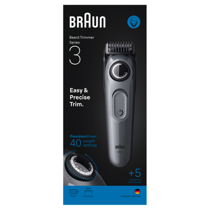 Braun Beard Trimmer Series 3 BT3560 - Premium Cordless Facial Hair Trimmer with Precision Dial, 39 Length Settings & Gillette ProGlide Razor