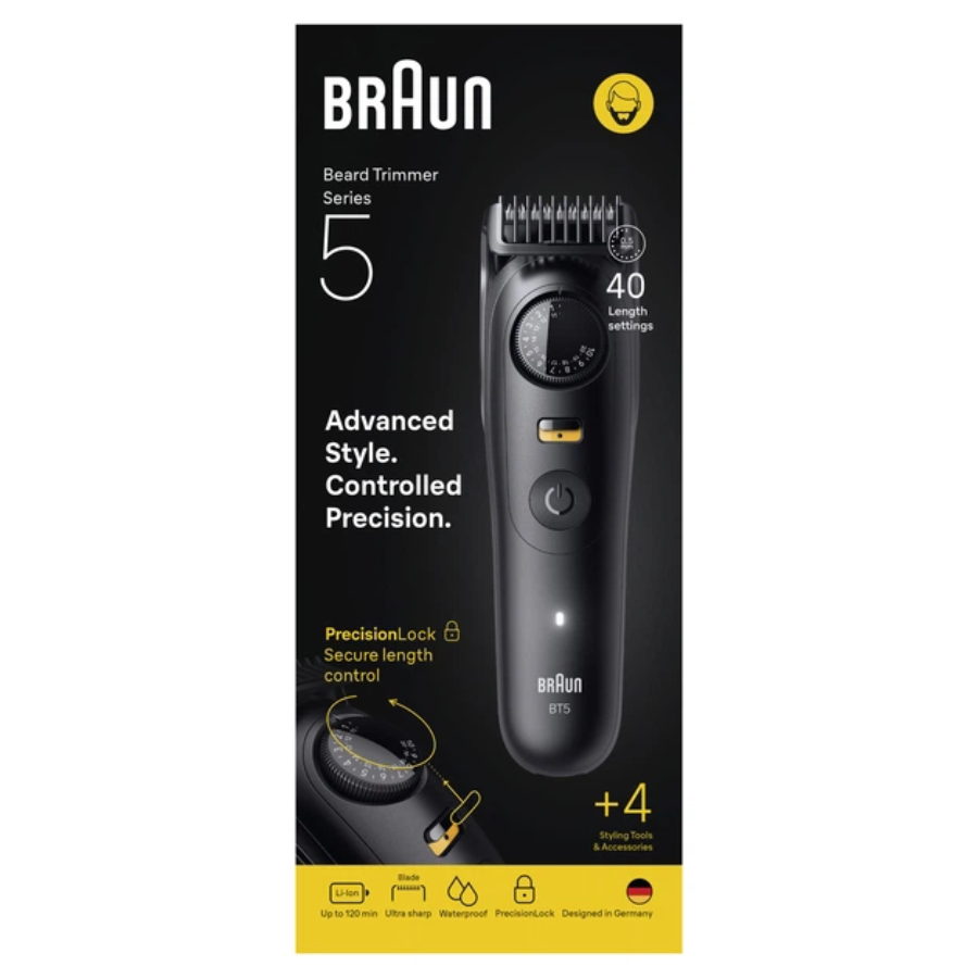 ماكينة تشذيب اللحية وتصفيفها براون الفئة الخامسة (Braun Beard Trimmer BT5520) للاستخدام الجاف والرطب مع 39 إعداداً للطول - مع شفرة حلاقة جيليت وقاعدة شحن ماكينة تشذيب اللحية وتصفيفها براون الفئة الخامسة (Braun Beard Trimmer BT5520) للاستخدام الجاف والرطب مع 39 إعداداً للطول - مع شفرة حلاقة جيليت وقاعدة شحن