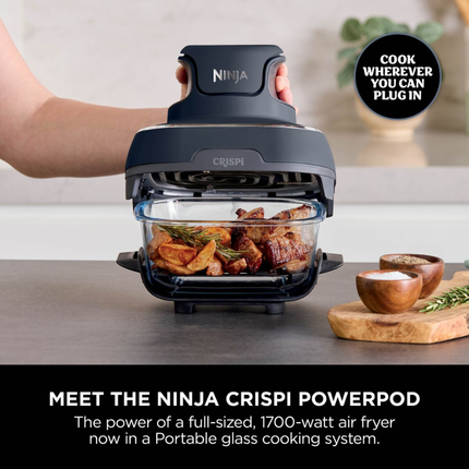 Ninja Crispi 4-in-1 Portable Glass Air Fryer Multi-Functional Compact Countertop Cooker and Storage Container System with Borosilicate Glass Bowl