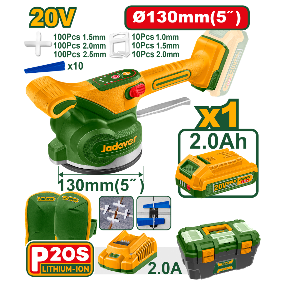 Jadever Cordless Tile Vibration Machine JDTVM1D128 20V Heavy-Duty Suction and Tiling Rigger with 50kg Adsorbability, 10000rpm Frequency, Battery and Leveling Accessory Kit