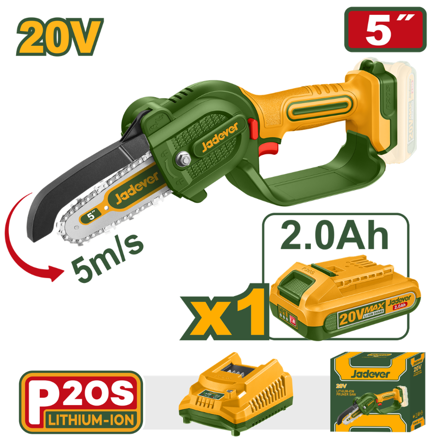 Jadever Cordless Pruning Saw JDCLP556 20V Compact Handheld Chain Saw with 5-Inch Guide Bar, 5m/s Chain Speed, Maintenance Tools and Hard Carrying Case