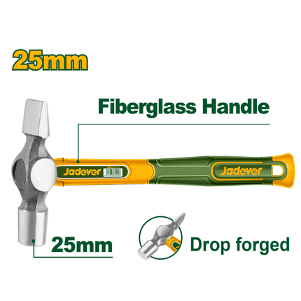 Jadever Engineer's Cross Pein Hammer JDHM5325 25mm Drop-Forged Carbon Steel Machinist Hammer with Shock-Absorbing Fiberglass Handle