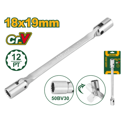 Jadever Double Flexible Socket Wrench JDTH2E06 18mm-19mm Heavy-Duty 255mm Length 12-Point Chrome-Plated Cr-V Steel Jointed Swivel Spanner for Automotive Repairs