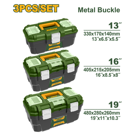 Jadever 3-Piece Plastic Tool Box Set JDTB4103 13-Inch 16-Inch 19-Inch Heavy-Duty Storage Cases with Removable Trays and Secure Metal Latches