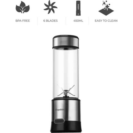 BluPebble Portable Rechargeable Blender 450ml Capacity 16500 RPM Personal Mixer with 6 Blades and USB C Charging Port