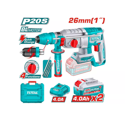 Total Brushless Cordless Rotary Hammer 20V SDS Plus 2.5J Impact Energy with Keyless Chuck and Two 4.0Ah Batteries Kit Model TRHLI202689