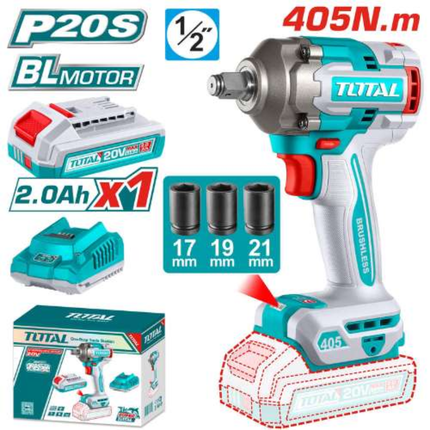 Total Cordless Impact Wrench 20V 405Nm Brushless Motor Heavy Duty 1/2 Inch Square Drive Fastening Tool Model TIWLI20455