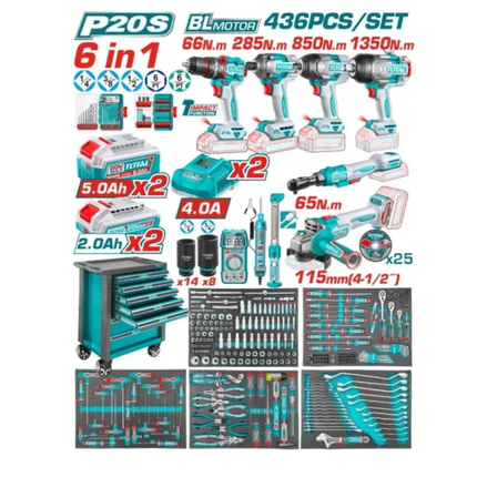 Total 436 Pcs Tool Chest Set Complete Workshop Kit with Cordless Power Tools and 7 Drawer Heavy Duty Mobile Cabinet Model THPTCS84362