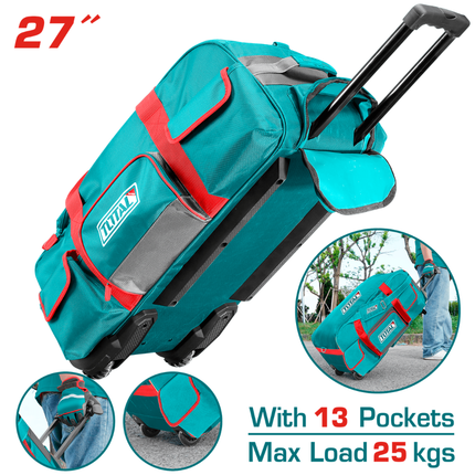 Total 27 Inch Rolling Tool Bag with Wheels and Telescopic Handle 25kg Capacity Heavy Duty Organizer Model THRRTB2712