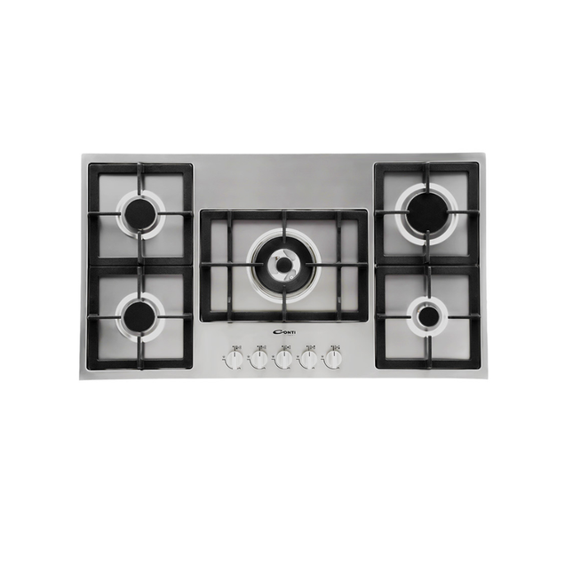 Conti HGF-95005-IX Built-In 90cm Gas Hob with 5 Burners & Heavy-Duty Cast Iron Pan Supports - Stainless Steel