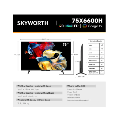 Skyworth 75 Inch QD-Mini LED 4K QLED Smart Google TV 120Hz Matte Screen 75X6600H