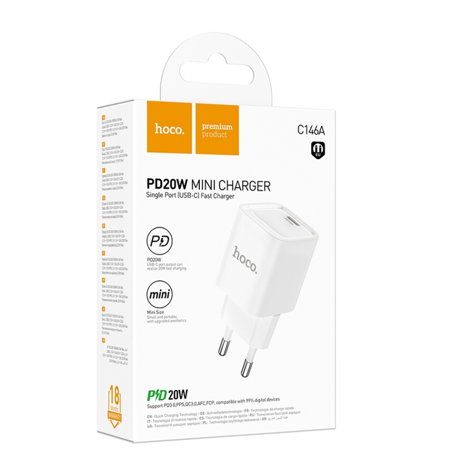 شاحن HOCO Charm C146A 20W USB-C PD سريع بقابس أوروبي