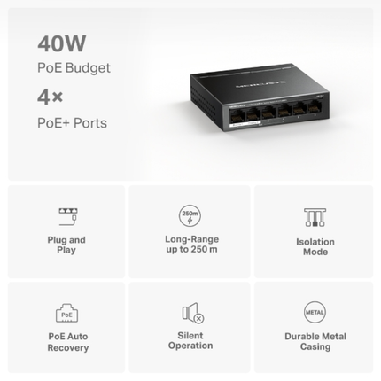 سويتش مكتب ميركوسيس 6 موانئ مع 4 موانئ PoE+ قدرة 40 واط Mercusys MS106LP