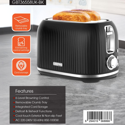 Geepas 2-Slice Ribbed Toaster 6 Browning Levels GBT36558UK